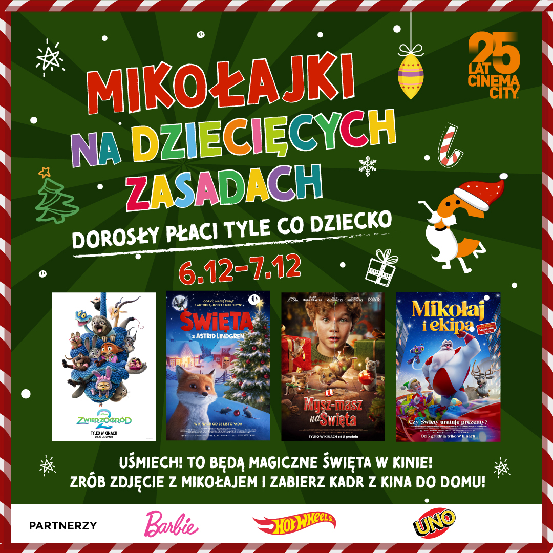 Mikołajki na dziecięcych zasadach w Cinema City. Fantastyczne filmy, zdjęcia z Mikołajem i Elfinką, konkurs z cennymi nagrodami i masa niespodzianek